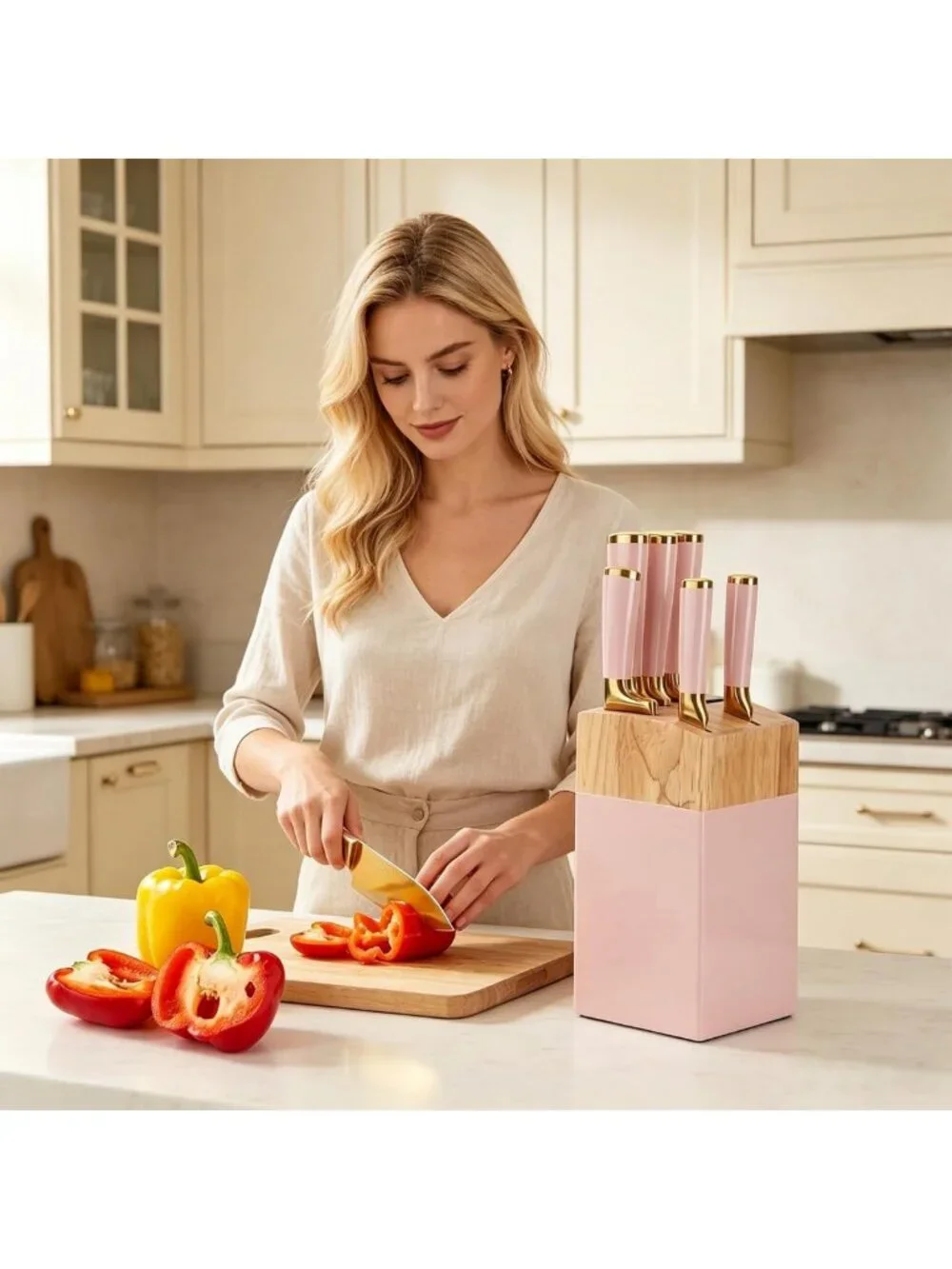 Aesthetic Gold & Pink Kitchen Knife Set with Wooden Block & Sharpener - Cute